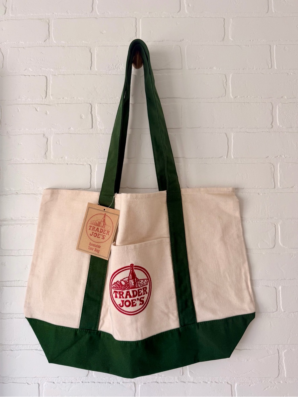 Trader Joe's Cream Canvas Tote with Green Trim